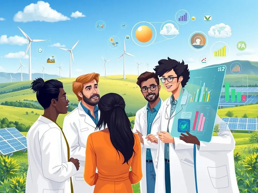 Digital illustration of scientists analyzing climate risk data with environmental elements in the background.